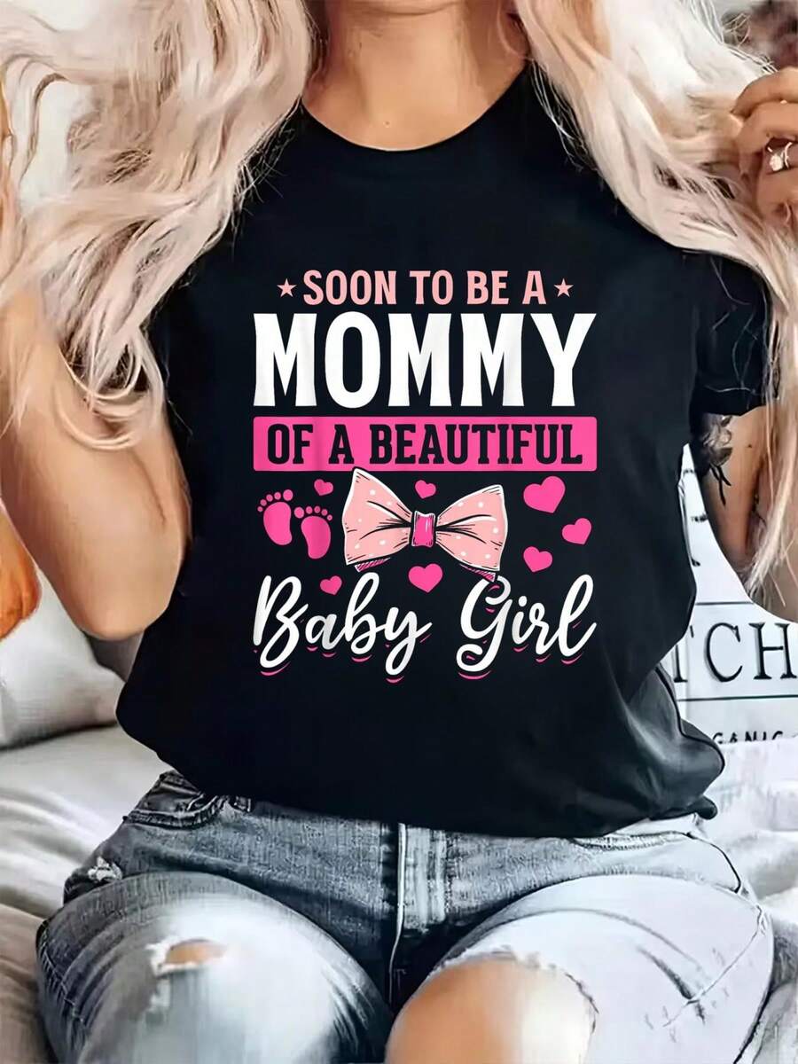 100% Cotton Soon To Be A Mommy Baby Girl Mom To Be Girl Mommy Baby Girl T-Shirt Print Crew Neck T-Shirt For Summer, Women's Soft Short Sleeve Top, Stylish Comfy Tee For Women Graphic Tees - 黑色 - 查看 1