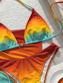 Conjunto de traje de baño de 3 piezas para mujer con falda triangular con cintura anudada, decoración de concha metálica y estampado de degradado multicolor para chica afortunada en vacaciones de verano en la playa - Naranja ardiente - Ver 3