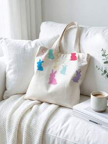 随机复活节图案双面印花儿童单肩背包，印花手提包，休闲旅行沙滩包，大容量可重复使用单肩包，儿童休闲单肩包，大容量帆布沙滩包，印花女孩购物单肩包 - 彩色 - 查看 6