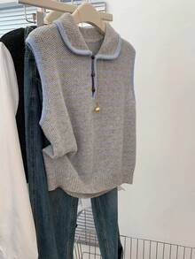 Women's Polo Collar Striped Inlaid Contrast Trim Button Sleeveless Knit Top, Casual Wear Summer - Gray and White - View 1
