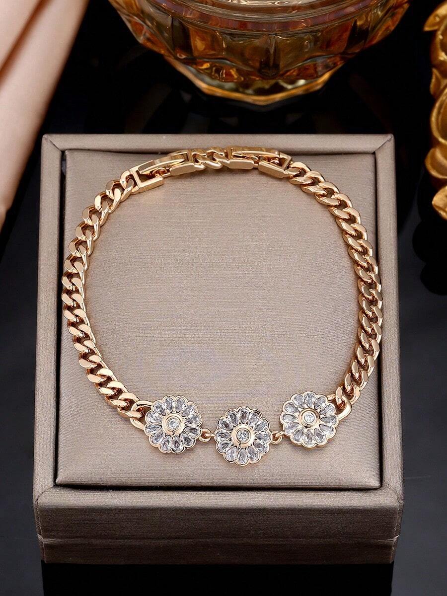 1pc Luxury Rhinestone Flower Cuban Link Bracelet For Women, Niche Elegant Versatile Commuter Jewelry - Bracelet - View 1