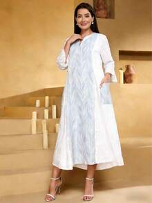 2026 New Style Ramadan Traditional Elegant Allover Print V-Neck Pocket Dress, Graceful Arabic Women Clothing JALABIA - White - View 8