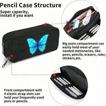 美丽的浅蓝色蝴蝶图案大容量铅笔盒，便携式文具包，旅行洗漱包，铅笔筒，马克笔和钢笔收纳盒，化妆包，办公桌收纳包，可水洗文具礼盒套装，返校必备办公用品 - 多色 - 查看 5