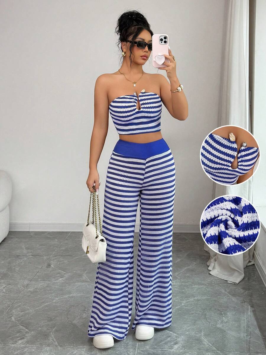 女士蓝色条纹优雅休闲性感无肩带抹胸露脐上衣高腰阔腿裤两件套夏季春季海滩度假春假套装 - 藍色 - 查看 1