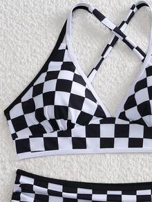 Casual Checkered Two-Tone Swimwear Set With Tie Back, Vacation - Black and White - View 6