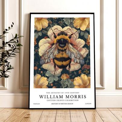 1pc Frameless William Morris Bee Art Print, Detailed Vintage Botanical Poster With Yellow Flowers & Leaves For Living Room, Bedroom, Dorm, Back To School, Funky Posters, Wall Prints, Room Decor Gift