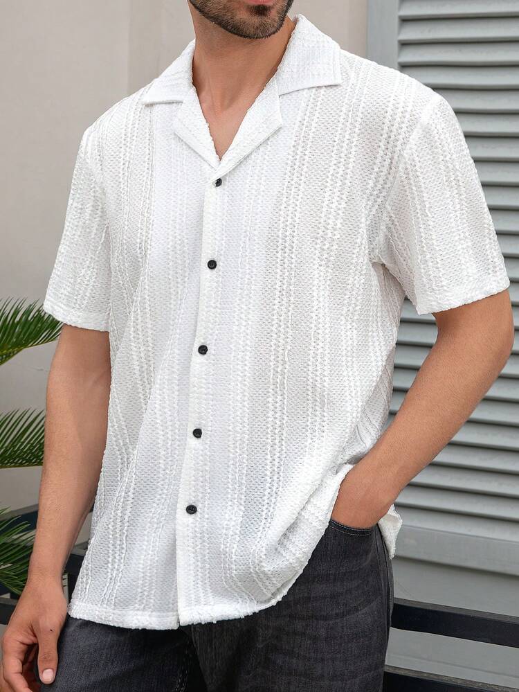 Men's Cuban Collar Jacquard Casual Button-Up Short Sleeve Shirt - White - View 2