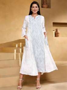 2026 New Style Ramadan Traditional Elegant Allover Print V-Neck Pocket Dress, Graceful Arabic Women Clothing JALABIA - White - View 5
