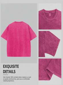 Women's Casual Cotton Round Neck Short Sleeve Drop Shoulder Longline T-Shirt - 玫紅色 - 查看 4