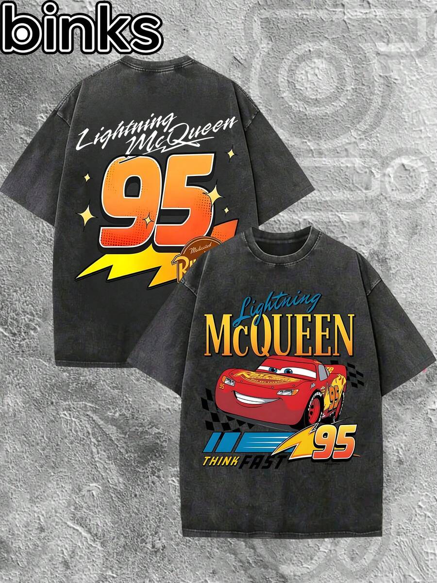 Disney Binks (Double-Sided Printing): Cars Flash McQueen Retro Element Cartoon Printed Retro Washed Short Sleeved T-Shirt, High Street Fashion Brand Loose Retro Washed Short Sleeved T-Shirt. Spring And Summer Fashionable Versatile Top, Holiday Gift, Vintage Print. - màu đen - Xem 1