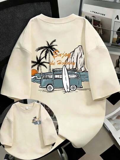 Women's Casual Minimalist Vintage Car Graphic Round Neck Short Sleeve T-Shirt, Suitable For Summer Beach, Back Of Clothes,Suitable For School, Vacation And Shopping Outfits