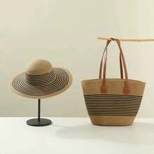 Conjunto de bolso y sombrero tejido de paja de gran capacidad, sombrilla de viaje al aire libre, bolso de mano adelgazante con ala grande, estilo de bolso de cubo a la moda - Caqui de cinco granos - Ver 10