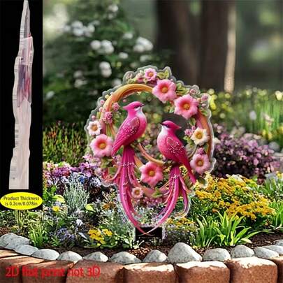 春夏限量版：2D平面设计，花环与小鸟图案，亚克力花园标牌，适用于户外装饰，如花盆、草坪、露台、花园艺术装饰，馈赠亲友，春夏装饰，2D平面工艺