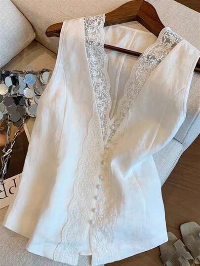 大码女式夏季时尚休闲简约蕾丝V领无袖上衣，女式夏季套装，女式休闲上衣，白色上衣