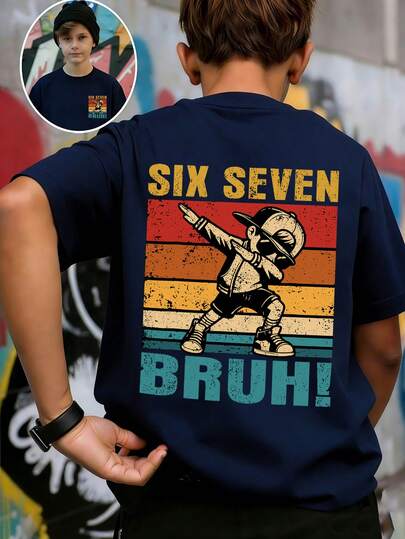 青少年男孩“Six Seven Bruh”字母图案T恤，印有Dab舞姿势，适合男孩派对、街头、活动穿着，夏季上衣