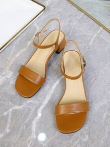 Wide Strap Buckle Chunky Heel Sandals, French Style Mid-Heel Sandals For Plus Size Women, Open Toe Ankle Strap Classic High Heel Fashionable Sandals - Khaki - View 6