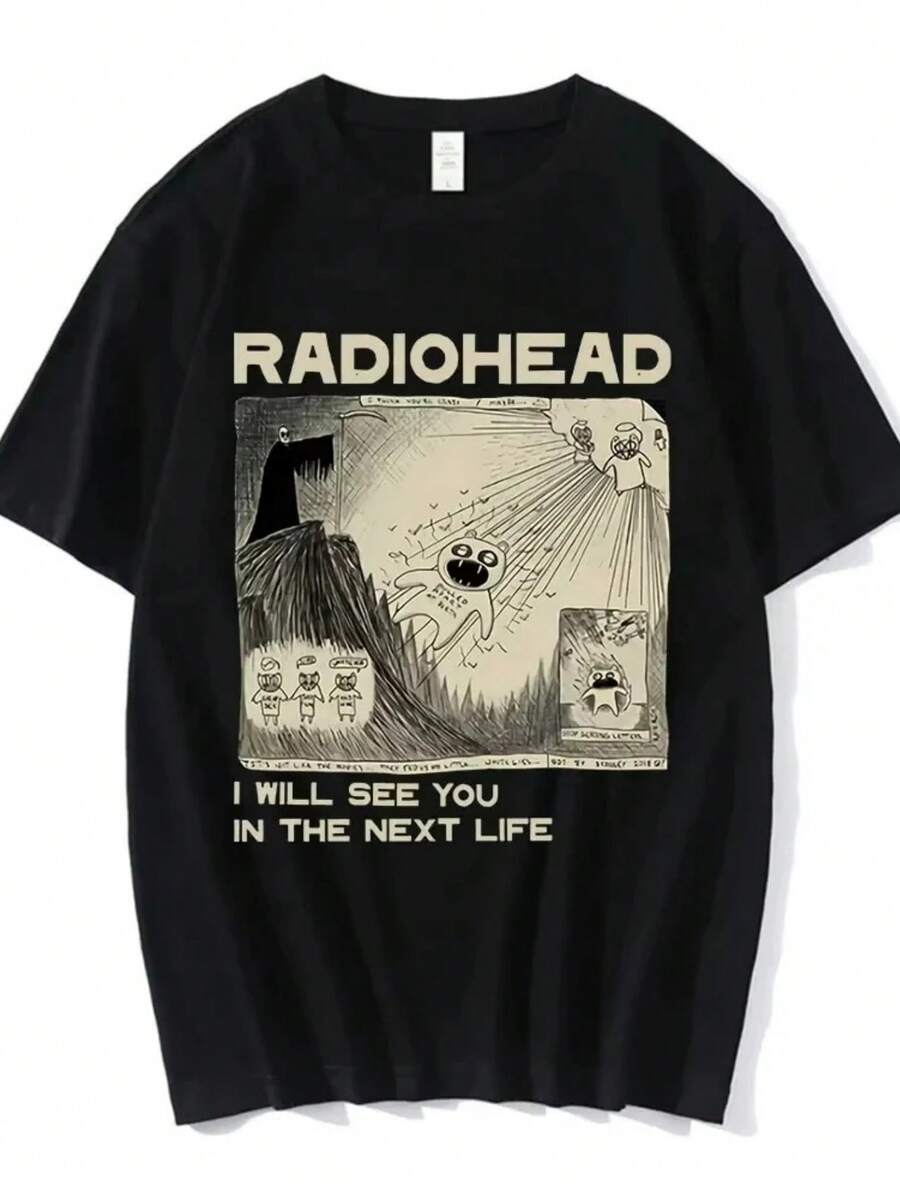 Retro Rock Band R- T Shirt Men T-Shirts Hip Hop The Bends Music Album Print Tee Shirt Top Daily Streetwear. - 黑色17 - 查看 1