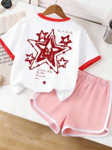 Girls' Round Neck T-Shirt & Shorts Set, Star Print Short Sleeve Tee & Shorts, Comfortable Minimalist Design, Suitable For Spring/Summer - Multicolor - View 1
