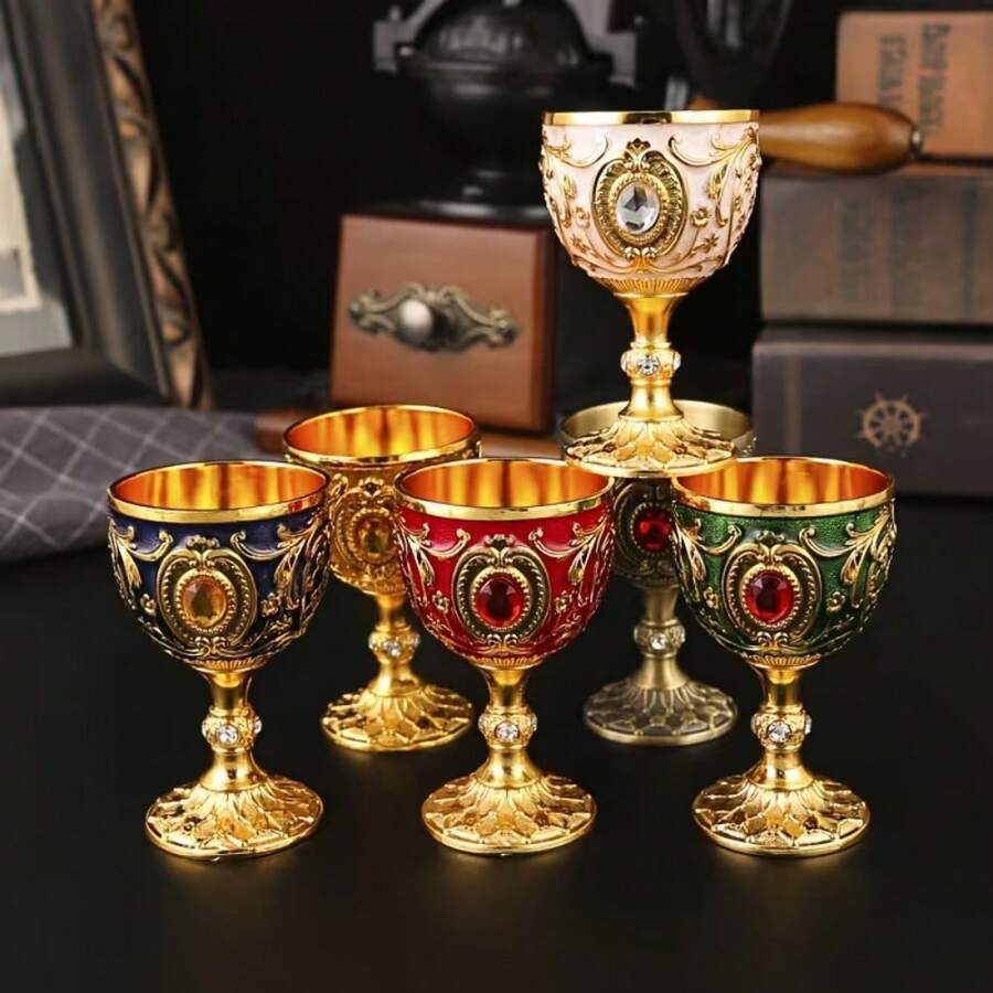 2pcs Vintage Medieval Style Renaissance Chalice Goblets, Luxury Gold-Plated With Exquisite Floral Pattern, Handcrafted Metal Cups, Suitable For Housewarming Gifts, Special Occasions And Decoration