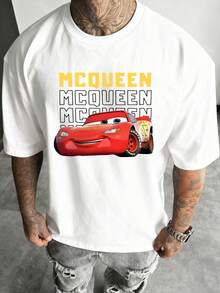 Disney-Car Mobilization Lightning McQueen MCQUEEN Printed T-Shirt Double Sided Cartoon Racing Short Sleeve Men's And Women's Couple's Loose Round Neck Top - trắng - Xem 2