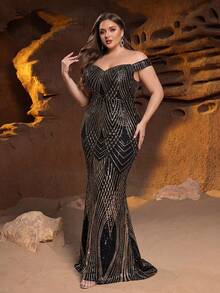 Plus Size Women's Gold Accent Mermaid Evening Gown, Suitable For Formal Parties, Charity Events, Weddings And Other Elegant Celebrations Party - Black - View 6