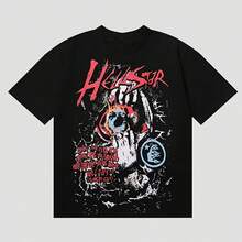 Y2K HELLSTARs Open Your Eyes Red Grunge Eye And Graffiti Print Graphic Tee,Casual Print,Comfortable And Versatile,Pure Heavy 220g 100% Cotton Printed T-Shirt,Unisex Style,1 Pcs - Shape - View 1