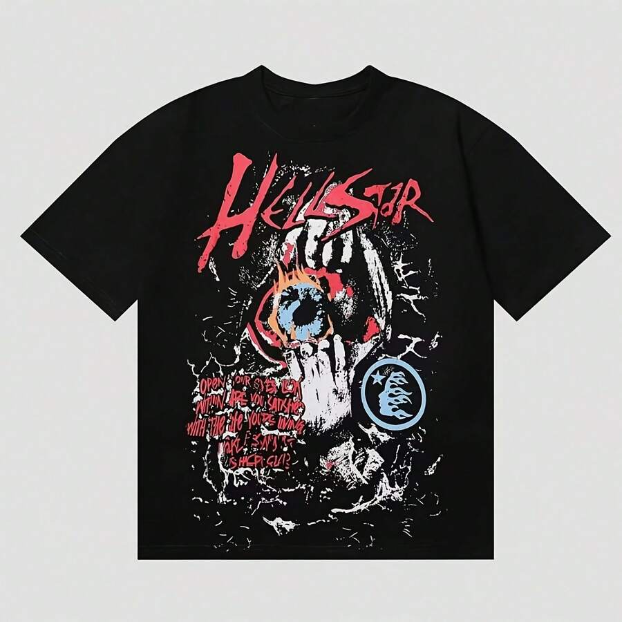 Y2K HELLSTARs Open Your Eyes Red Grunge Eye And Graffiti Print Graphic Tee,Casual Print,Comfortable And Versatile,Pure Heavy 220g 100% Cotton Printed T-Shirt,Unisex Style,1 Pcs - Shape - View 1