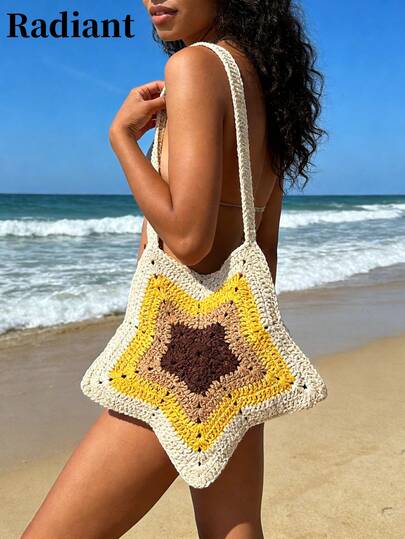 Bolso de vacaciones con forma de estrella de ganchillo, bolso con bloques de color degradado de dopamina en forma de estrella de cinco puntas, bolso de hombro/bandolera de mujer de moda, versátil y dulce, adecuado para la playa, la , salidas, citas, viajes cortos y uso diario.