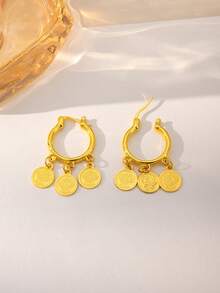 Herseygold 1 Pair Copper Plated Gold Coin Pendant Hoop Earrings, Middle Eastern Style Fashion Earrings For Women, Arabic Wedding Jewelry - Gold - View 3