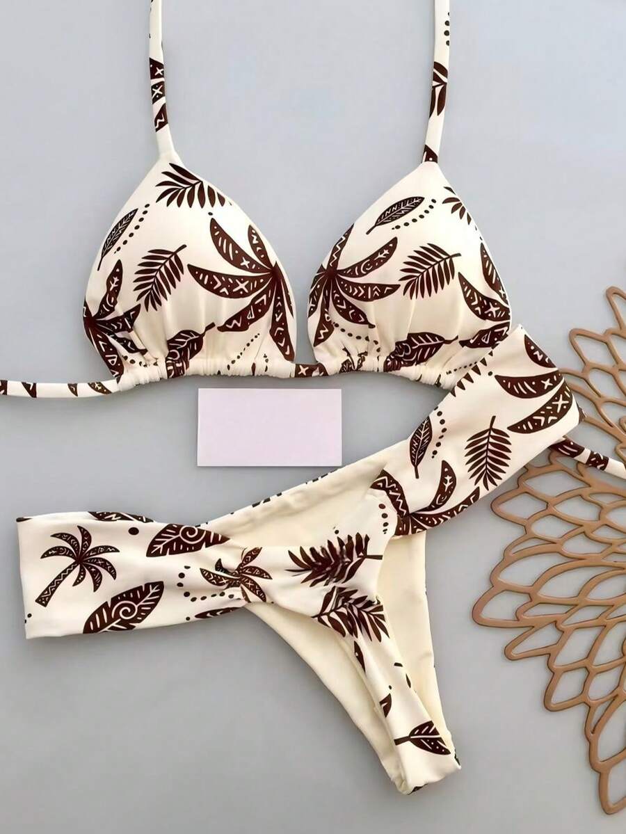 两件套休闲可爱优雅性感波西米亚风花卉系带编织比基尼泳衣，海滩度假，春夏 - 彩色 - 查看 1