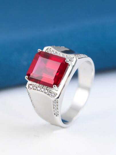 1pc S925 Silver Wide Band Ring For Men, Featuring Lab-Created Ruby Inlay, Elegant & Fashionable, Ramadan Jewelry, Valentine's Day Gift