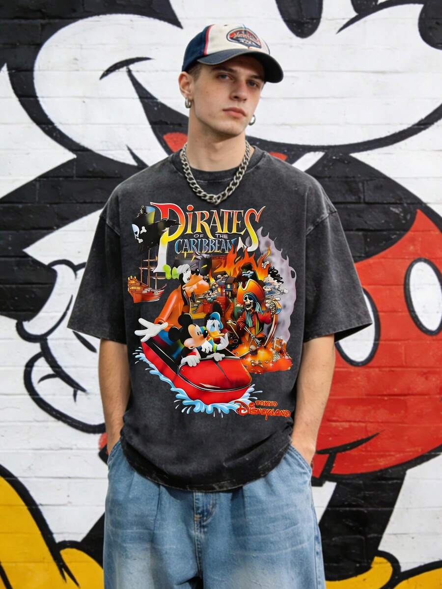 Disney Simple  Top, American Street Loose Cotton Men's T-Shirt - 黑色 - 查看 1