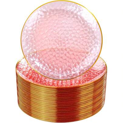 50/25/10pcs Set Pink Rimmed Plates - Elegant And Luxurious Plates With Transparent Pink And Gold Rims, Hammered Design, Suitable For Serving Desserts, Dishes, Steaks, Pasta, Cakes, Snacks, Fruits, Etc. - Ideal For Parties And Weddings: Birthday Parties, Weddings, Valentine's Day, New Year, Mother's Day Or Any Other Special Occasions