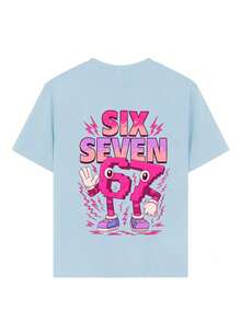Camiseta rosa con estampado de dígitos coloridos "SEIS SIETE" 6 7 de dibujos animados para niña preadolescente, adecuada para uso diario, estilo callejero, eventos, y como top de verano casual y versátil - Celeste - Ver 5