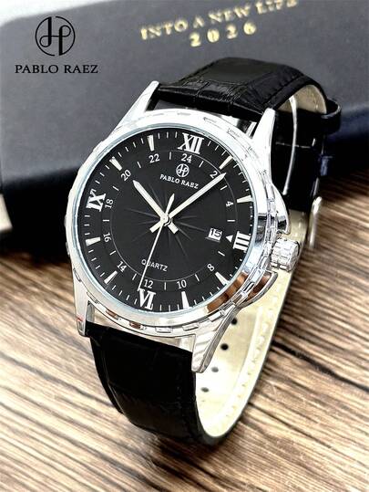  1pc Pablo Raez Charming Men's Wrist Watch, Stainless Steel Luxury Watch, Gentleman Retro Silver Jewelry, 50M Waterproof, Black & Brown Super Soft Fiber Leather, AAA Grade Minimalist Calendar Clock, Men's SUS304 Steel Strap, Non-Fading, Brand New Casual Quartz Watch