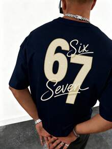 男士极简奢华数字印花圆领休闲宽松短袖T恤 - 藏蓝色 - 查看 1