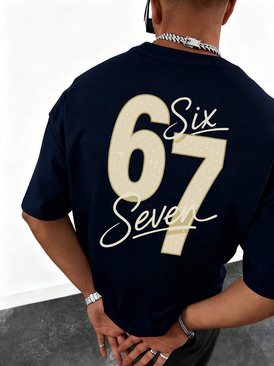 男士极简奢华数字印花圆领休闲宽松短袖T恤 - 藏蓝色 - 查看 1