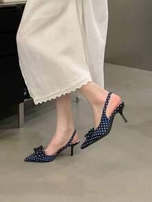 New Bowknot Pointed Toe Satin Kitten Heel Sandals, French Elegant Pumps For Women - Blue - View 4