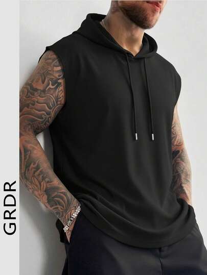GRDR 1pc Men's Solid Color Sleeveless Hoodie Casual Sports Fashion Tank Top For Summer