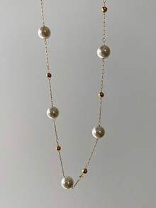 1pc Faux Pearl Chain Beaded Necklace, Suitable For Weddings And Formal Events - Gold - View 7