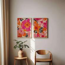 Wall Decoration, Retro Poster, Pink Orange Abstract Floral Artwork, Flower Market Print, Bohemian Floral Art Collection, Floral Dormitory Wall Decoration, Stylish Floral Print Wall Decor. Optional Frame - Multicolor - View 1