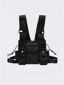 Bolsa de pecho multifuncional clásica, mochila tipo chaleco casual unisex con múltiples bolsillos, correa ajustable, estilo hip-hop y táctico, reflectante para senderismo y ciclismo al aire libre - Negro - Ver 4