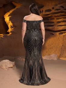 Plus Size Women's Gold Accent Mermaid Evening Gown, Suitable For Formal Parties, Charity Events, Weddings And Other Elegant Celebrations Party - Black - View 5