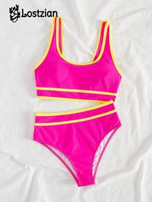 2026 性感优雅比基尼泳衣，粉色尼龙上衣，黄色滚边，圆领宽肩带休闲上衣，高腰泳裤，舒适休闲可爱泳装，适合海滩度假、泳池派对、情人节、嘉年华等场合，性感优雅的装扮，关注店铺 - 彩色 - 查看 3