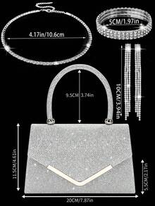 Shiny Ladies' Evening Clutch, New Stylish Handbag And Evening Bag, Paired With A Three Pieces Sparkling Rhinestone Evening Jewelry Set, Including A Dazzling Pendant Necklace, Earrings, And Bracelet. Perfectly Matches Wedding Dresses, Sequin Dresses, And Prom Gowns, Suitable For Parties, Weddings, And Proms. - Silver - View 3