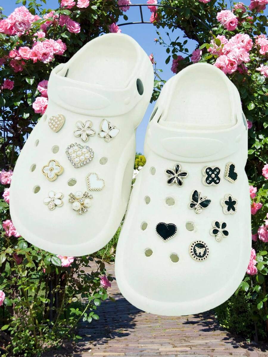 16件套仿珍珠蝴蝶爱心树脂装饰配件，适用于休闲鞋、木屐和凉鞋，设计可爱，是女孩派对礼物和创意礼品的完美之选。