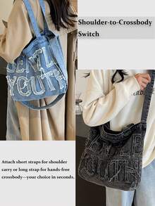 Large Capacity Casual Tote Bag, With Letter Patchwork, Embroidery Thread, Tassel, Multiple Carrying Options, Perfect For Women For Daily Commuting Or Holding Books School Bag, Back To School Backpack, Portable, Lightweight, Large Capacity, Classic Casual, Suitable For Teen Girls Y2k Bag, 2000s Fashion Style, Gothic Punk Bag For Women - Nhiều màu - Xem 7