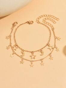 2pcs/Set Star & Moon Tassel Chain Bracelet, Fashionable Double-Layer Design, Suitable For Ramadan, Daily Wear, Dating, Photography. Handmade Chain Length Customized, Random Star & Tassel Quantity - Gold - View 2