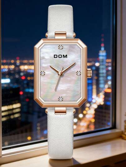 DOM 1件简约休闲白色方形表盘女士手表，白色皮表带，防水，时尚优雅，带表盒，适合节日送礼和特殊场合，必备时尚配饰