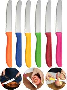 3/6件套刀具套装，包含番茄刀、牛排刀、甜点刀、面包刀、小吃刀、早餐刀，波浪形刀刃，适用于家庭厨房、餐桌、餐厅，亦可作为圣诞礼物、感恩节礼物、新年礼物。 - 彩色 - 查看 1